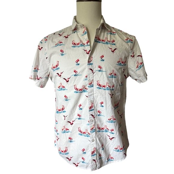 Denim & Flower Ricky Singh Slim Fit Mens Button Down Pink Flamingo Shirt Size Me - Picture 1 of 14